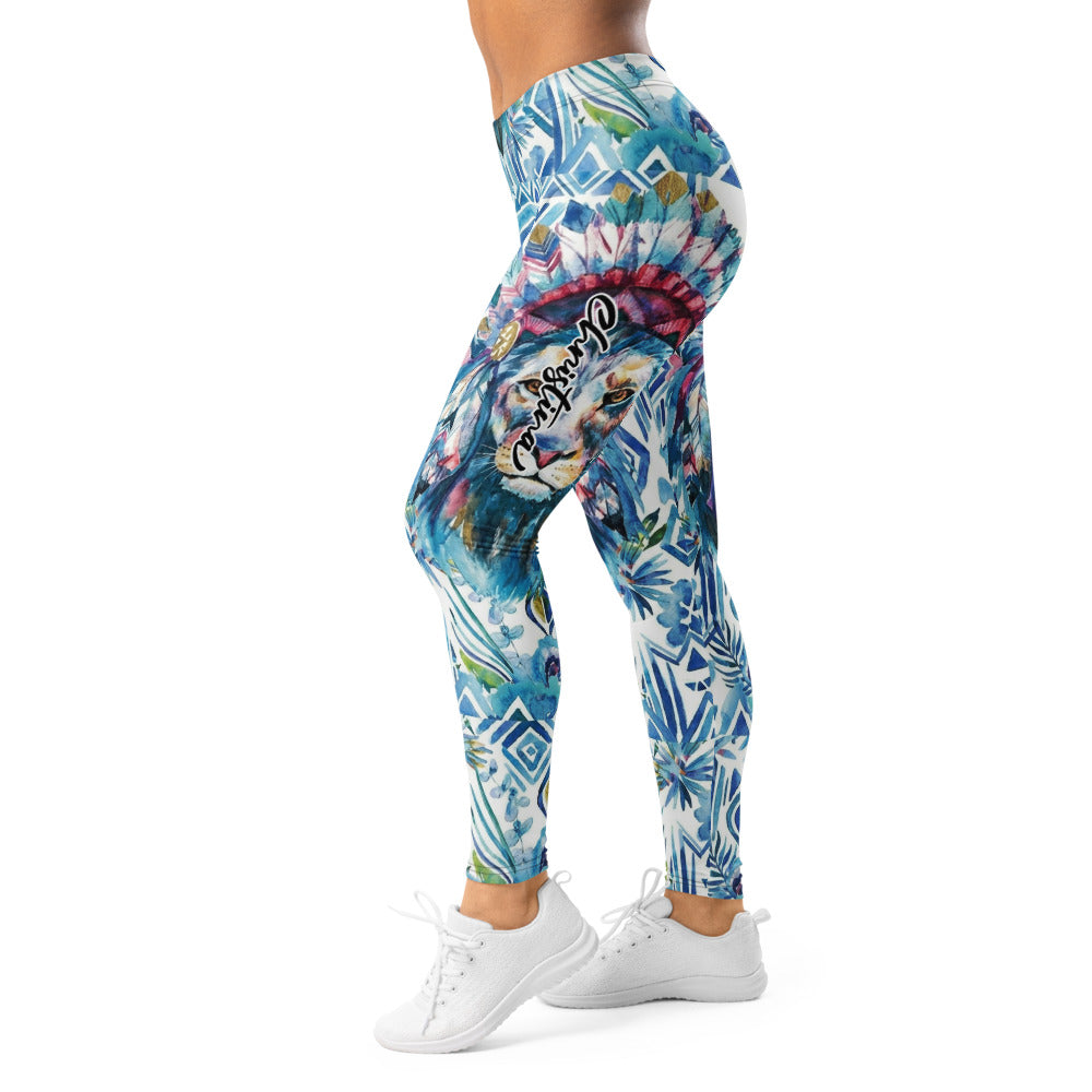 Personalisierte Damen Sportleggings Blau Weiß Geometrisches Muster Löwe Design Ethno Fitness Leggings Q974