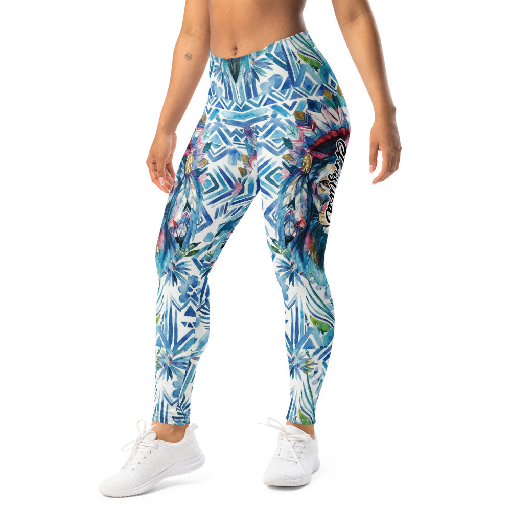 Personalisierte Damen Sportleggings Blau Weiß Geometrisches Muster Löwe Design Ethno Fitness Leggings Q974