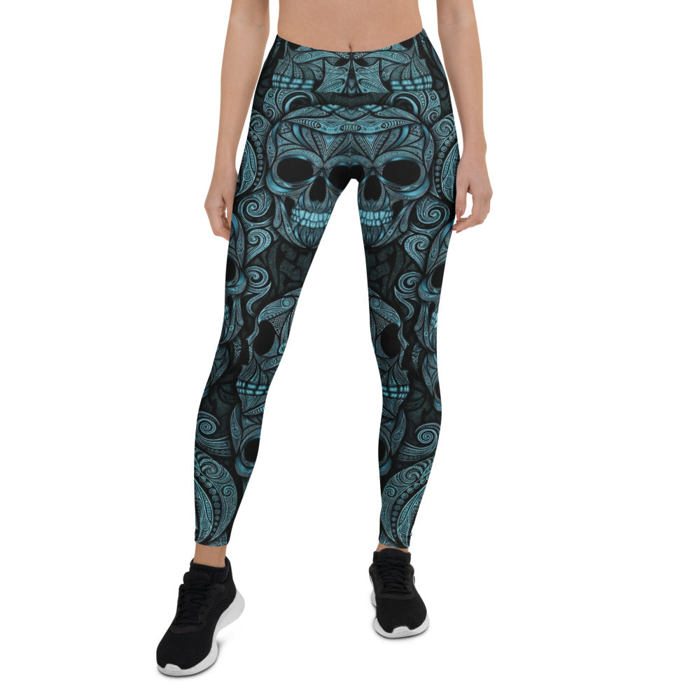 Personalisierte Damen Sportleggings Totenkopf Ornament Design Blau Schwarz Fitness Leggings H209