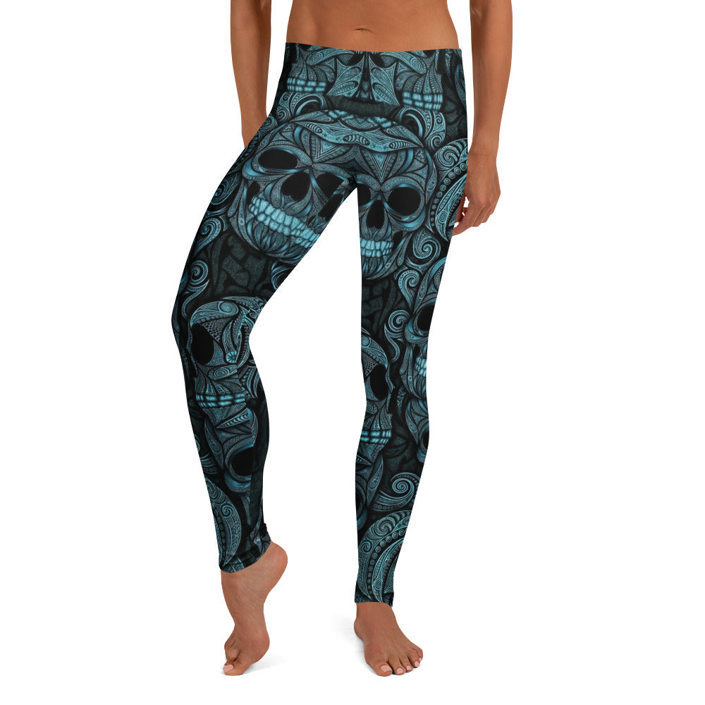Personalisierte Damen Sportleggings Totenkopf Ornament Design Blau Schwarz Fitness Leggings H209