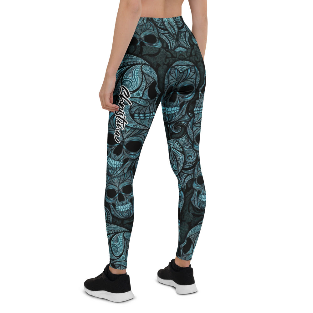 Personalisierte Damen Sportleggings Totenkopf Ornament Design Blau Schwarz Fitness Leggings H209