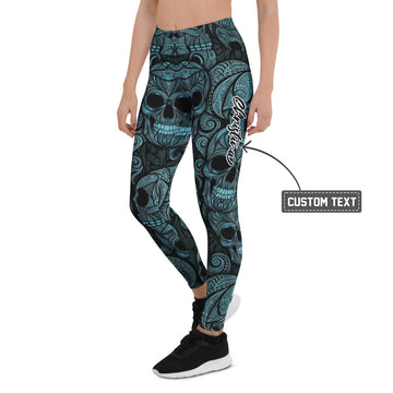 Personalisierte Damen Sportleggings Totenkopf Ornament Design Blau Schwarz Fitness Leggings H209 - XL