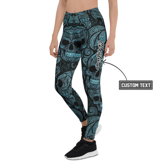 Personalisierte Damen Sportleggings Totenkopf Ornament Design Blau Schwarz Fitness Leggings H209 - XL