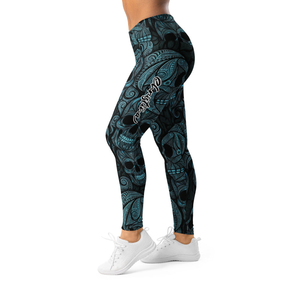 Personalisierte Damen Sportleggings Totenkopf Ornament Design Blau Schwarz Fitness Leggings H209