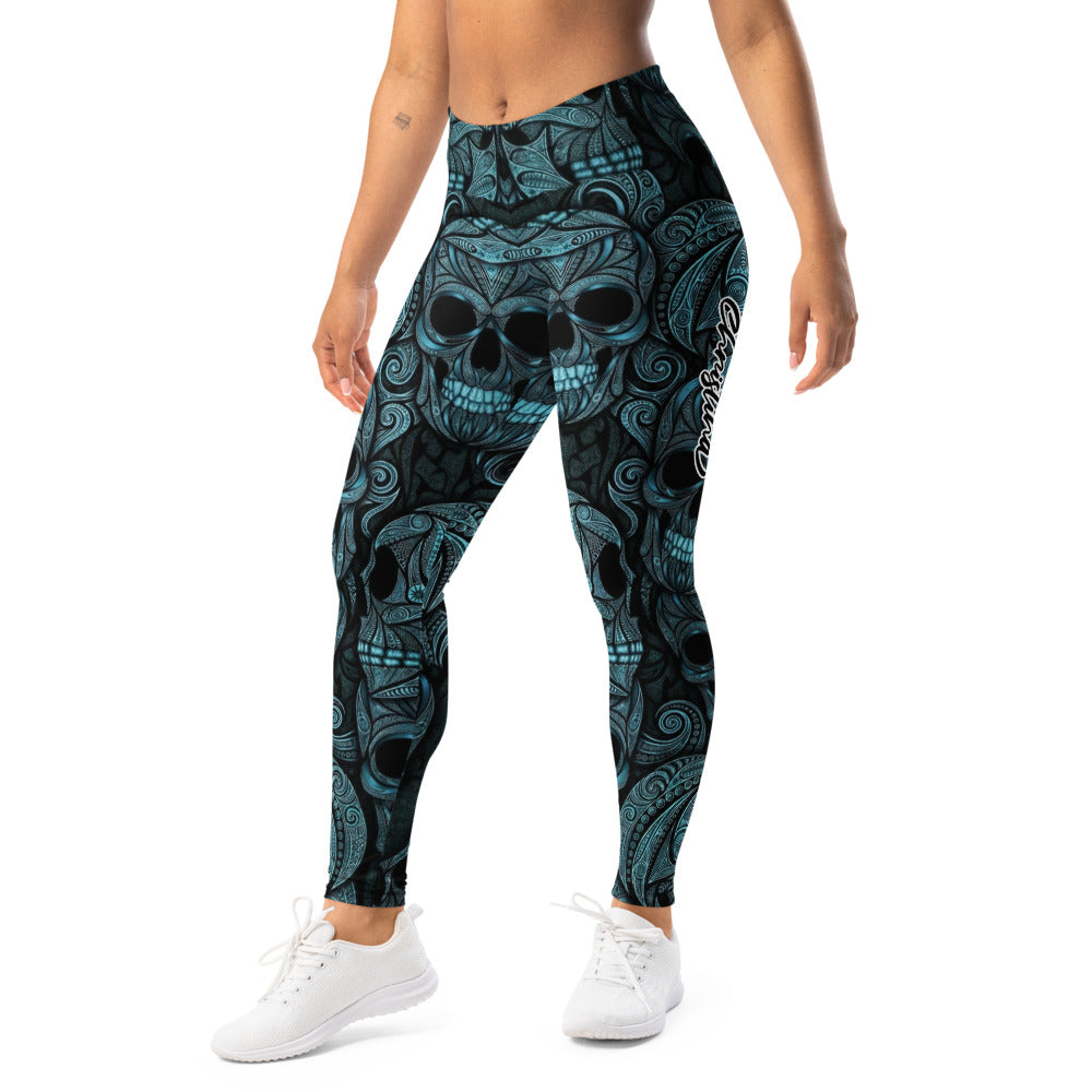 Personalisierte Damen Sportleggings Totenkopf Ornament Design Blau Schwarz Fitness Leggings H209