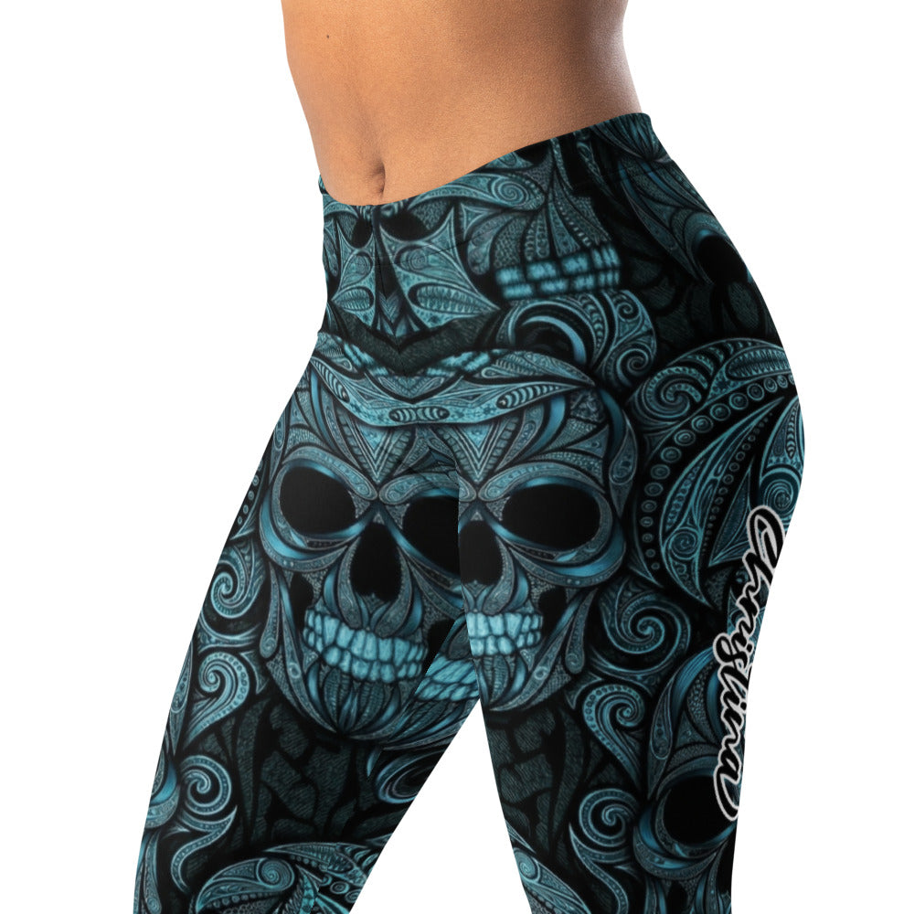 Personalisierte Damen Sportleggings Totenkopf Ornament Design Blau Schwarz Fitness Leggings H209