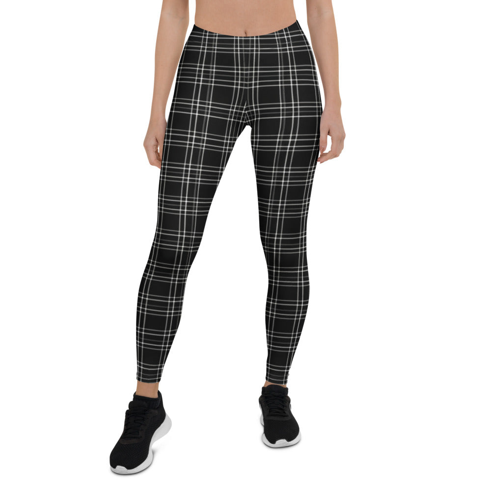 Personalisierte Sportleggings Damen Kariert Schwarz Weiß Fitness Leggings Karomuster Yoga Hose W082