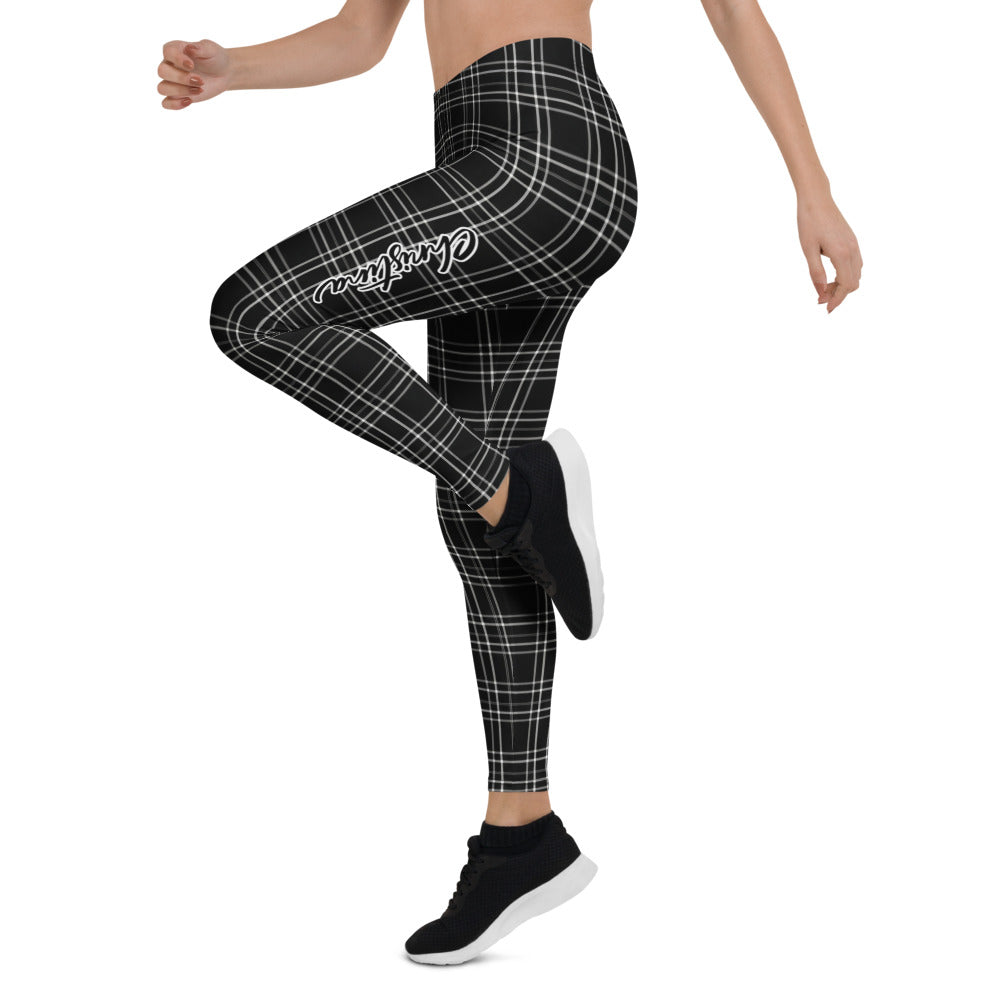 Personalisierte Sportleggings Damen Kariert Schwarz Weiß Fitness Leggings Karomuster Yoga Hose W082