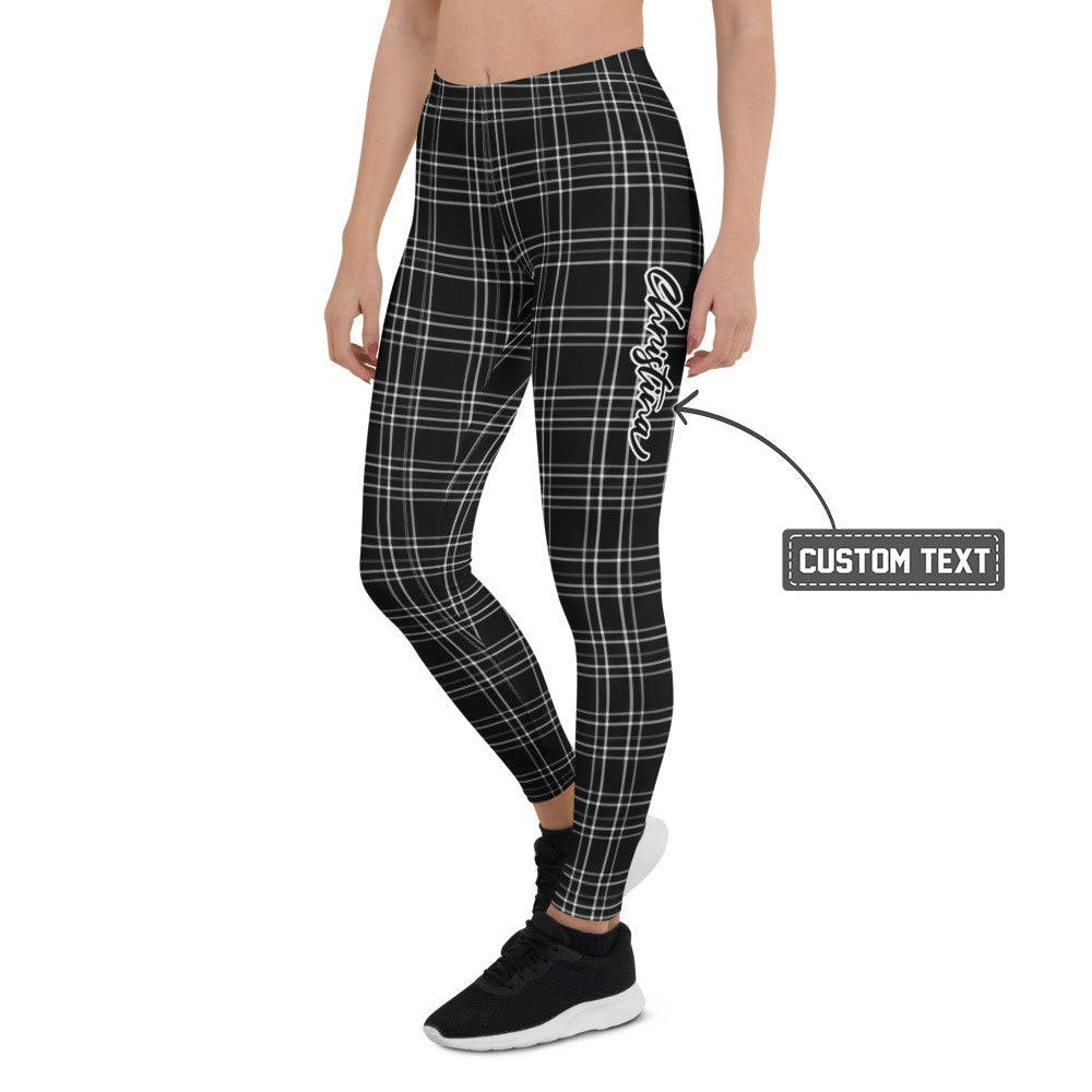 Personalisierte Sportleggings Damen Kariert Schwarz Weiß Fitness Leggings Karomuster Yoga Hose W082 - XL
