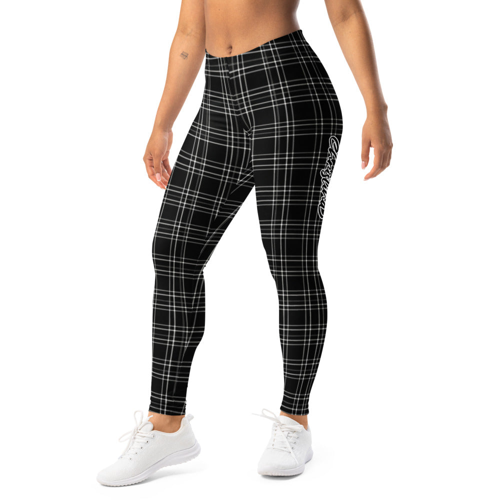 Personalisierte Sportleggings Damen Kariert Schwarz Weiß Fitness Leggings Karomuster Yoga Hose W082
