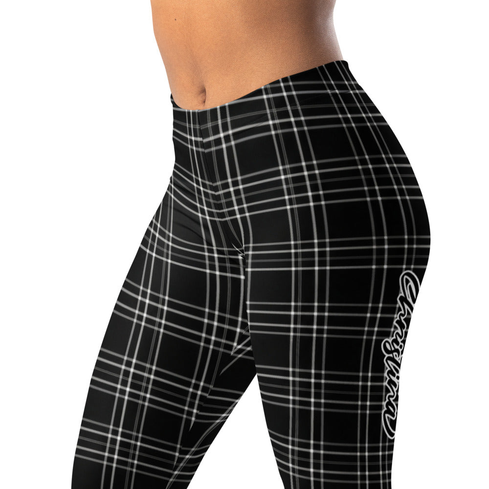 Personalisierte Sportleggings Damen Kariert Schwarz Weiß Fitness Leggings Karomuster Yoga Hose W082