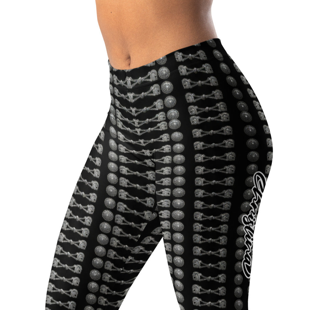 Personalisierte Damen Sportleggings Schwarz Silber Vintage Ornamentik Fitness Leggings Yoga Hose M022