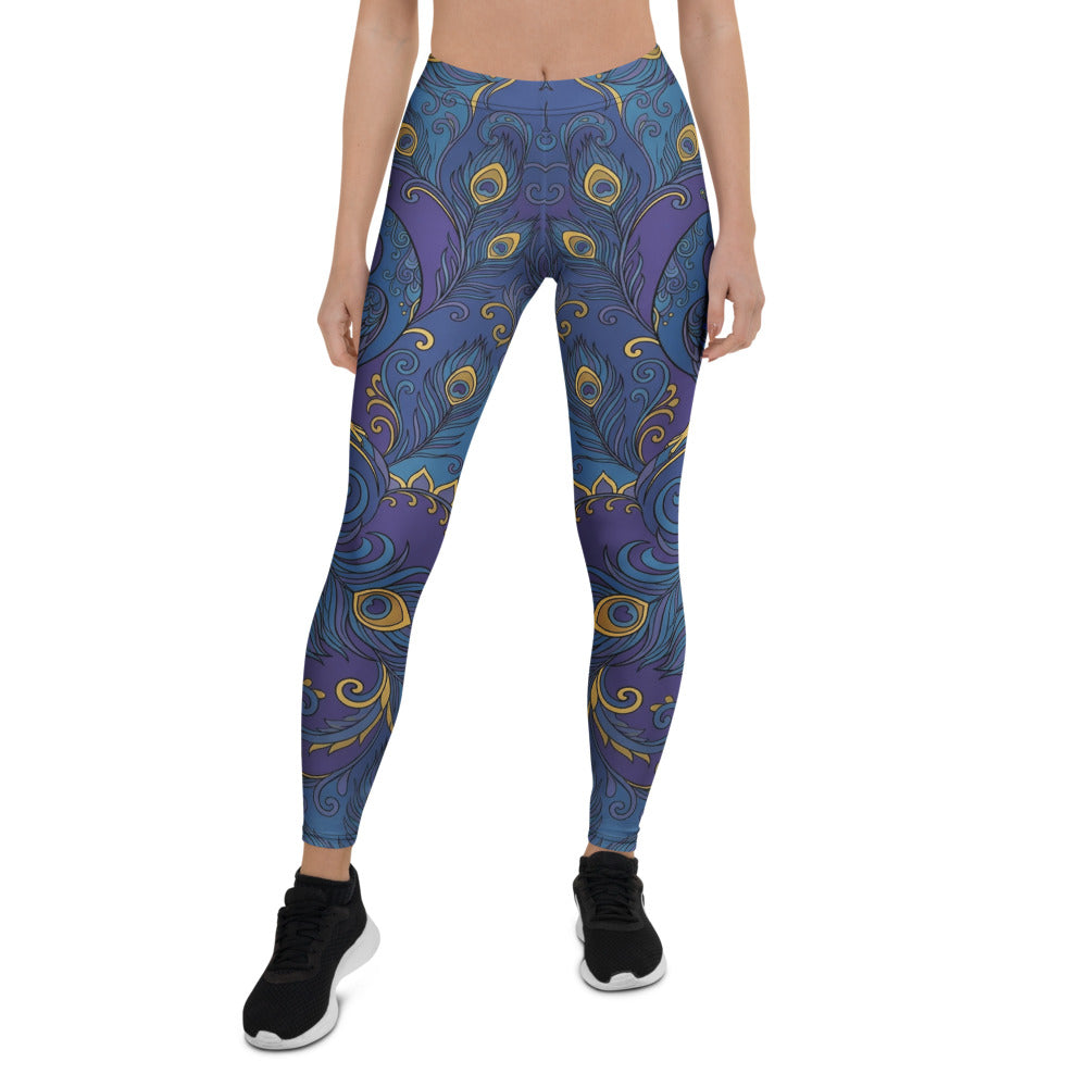 Personalisierte Damen Sportleggings Pfauenmuster Blau Gold Fitness Yoga Leggings L628