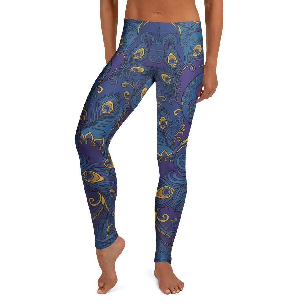 Personalisierte Damen Sportleggings Pfauenmuster Blau Gold Fitness Yoga Leggings L628