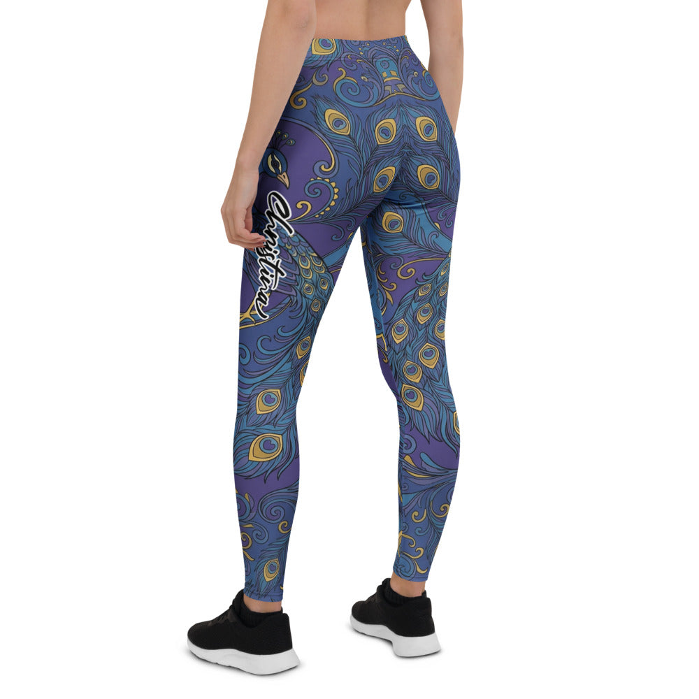 Personalisierte Damen Sportleggings Pfauenmuster Blau Gold Fitness Yoga Leggings L628