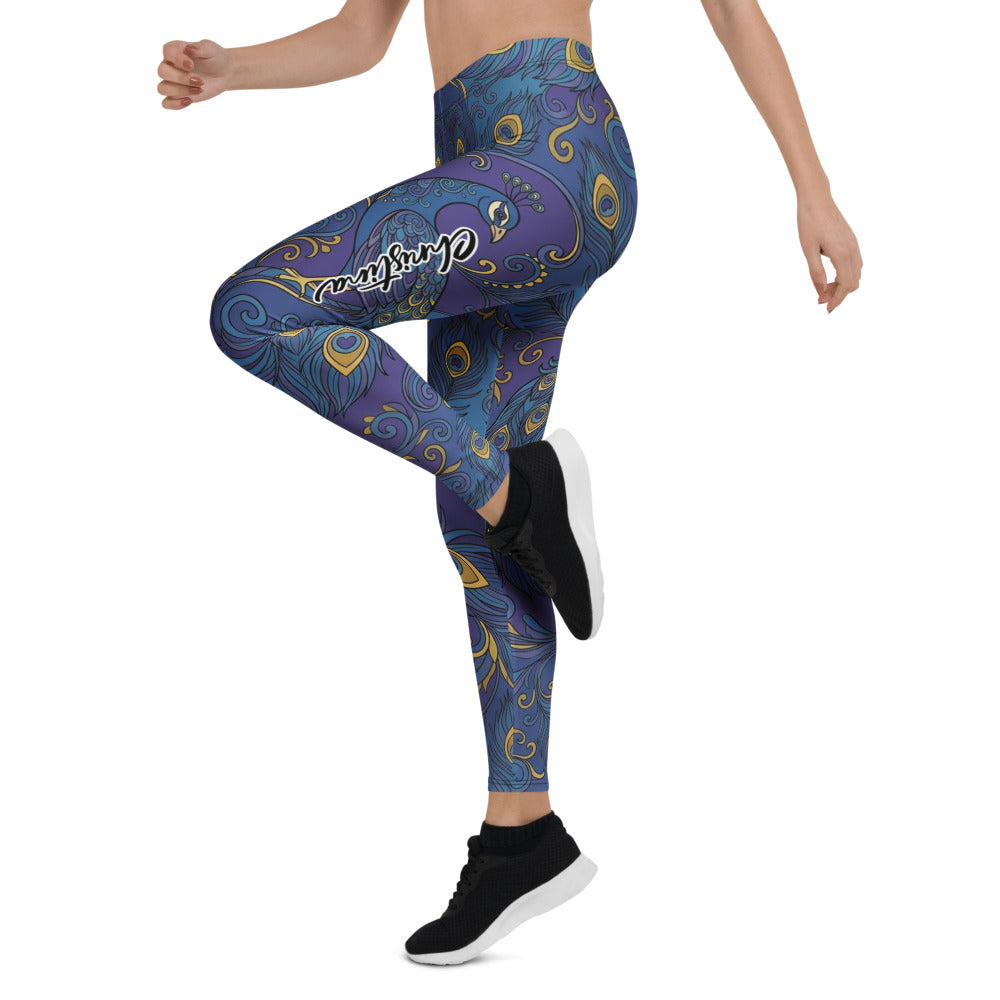 Personalisierte Damen Sportleggings Pfauenmuster Blau Gold Fitness Yoga Leggings L628