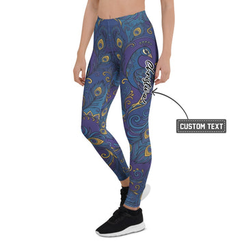Personalisierte Damen Sportleggings Pfauenmuster Blau Gold Fitness Yoga Leggings L628 - XL