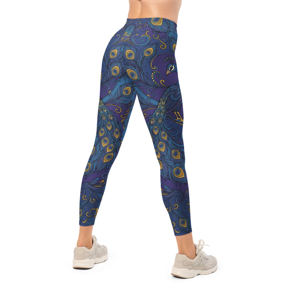 Personalisierte Damen Sportleggings Pfauenmuster Blau Gold Fitness Yoga Leggings L628
