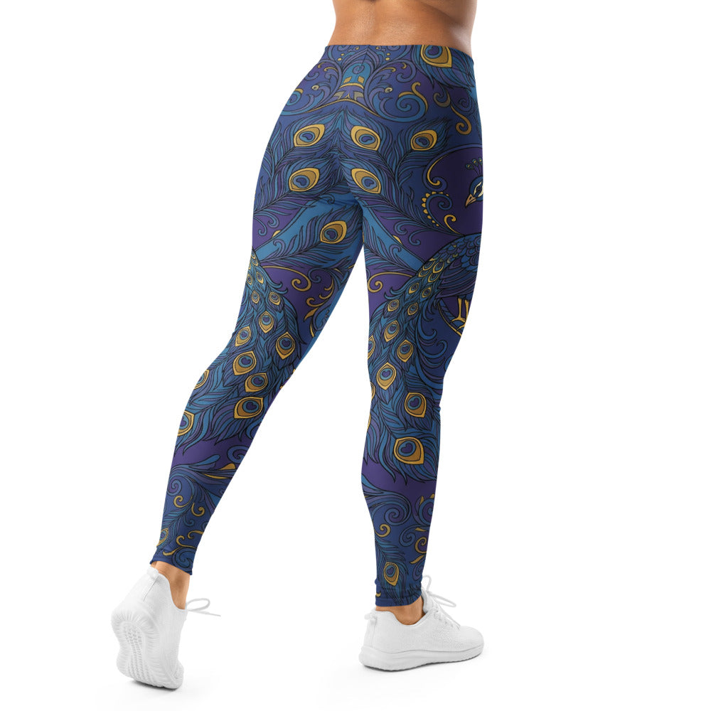 Personalisierte Damen Sportleggings Pfauenmuster Blau Gold Fitness Yoga Leggings L628