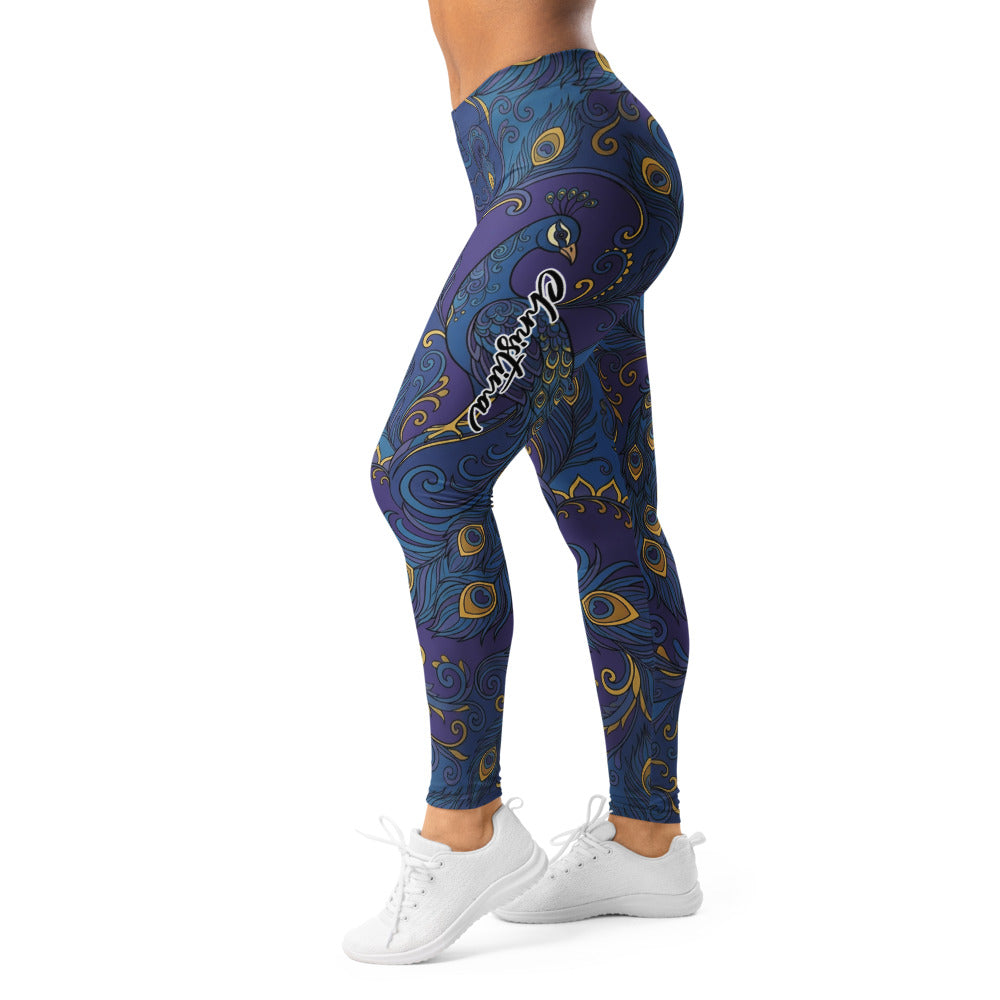 Personalisierte Damen Sportleggings Pfauenmuster Blau Gold Fitness Yoga Leggings L628