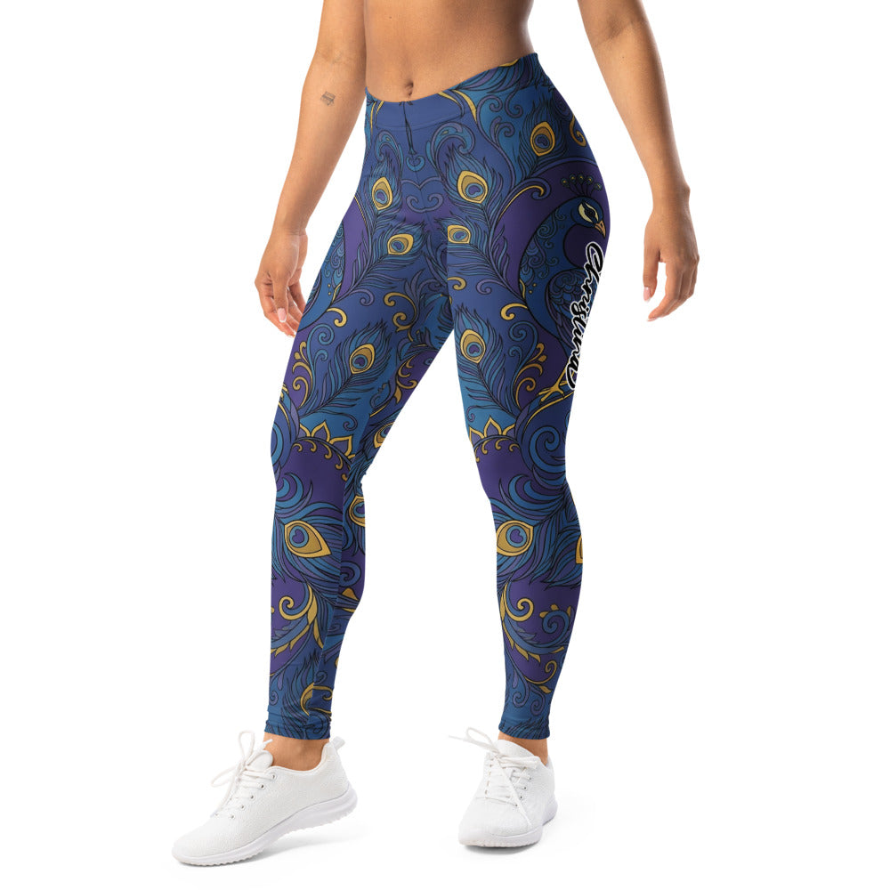 Personalisierte Damen Sportleggings Pfauenmuster Blau Gold Fitness Yoga Leggings L628