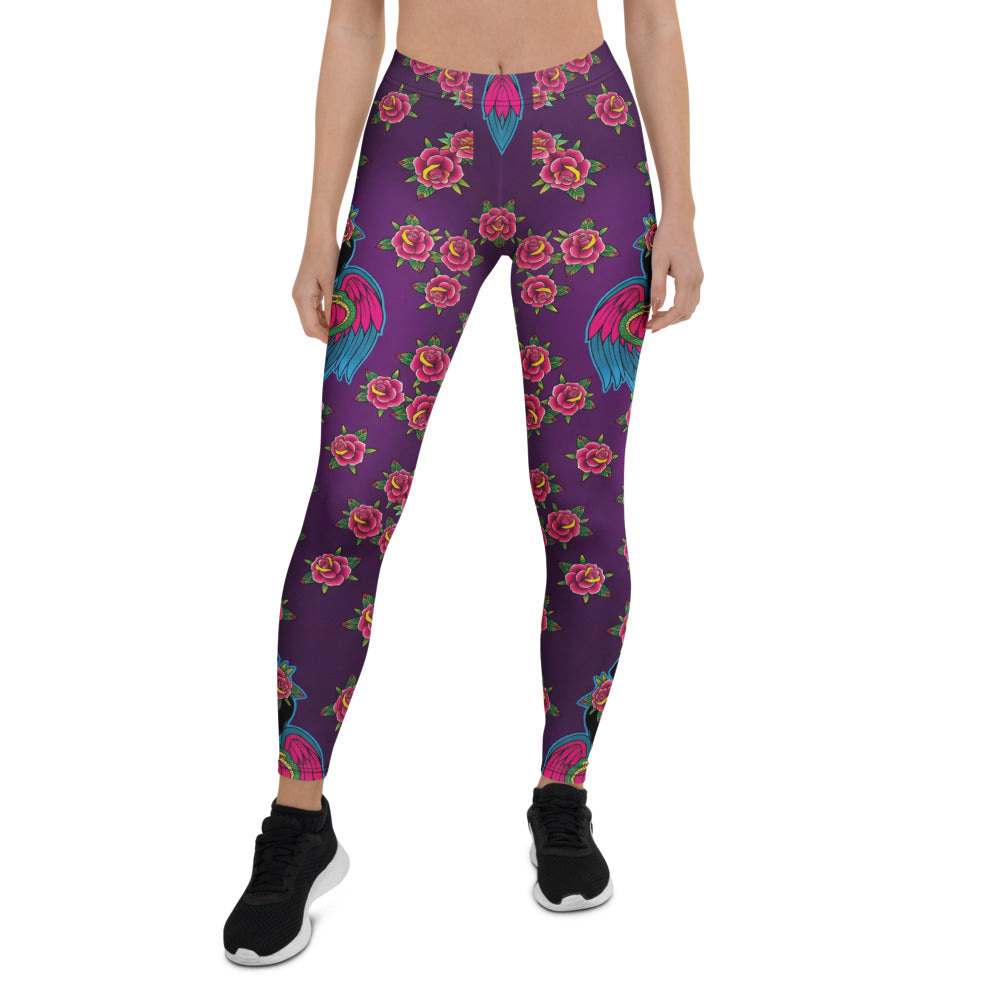 Personalisierte Damen Sportleggings Lila Tattoo Design Rosen und Flügel Fitness Yoga Leggings Z524