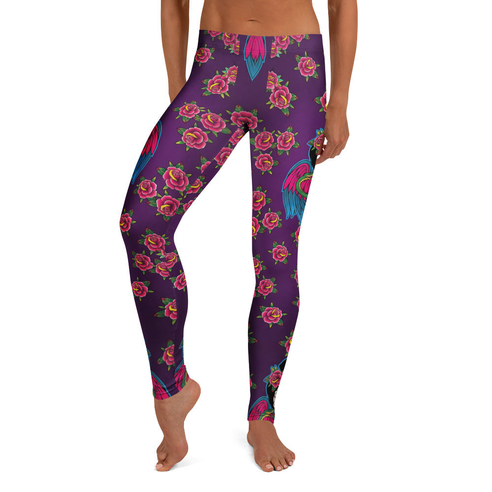 Personalisierte Damen Sportleggings Lila Tattoo Design Rosen und Flügel Fitness Yoga Leggings Z524