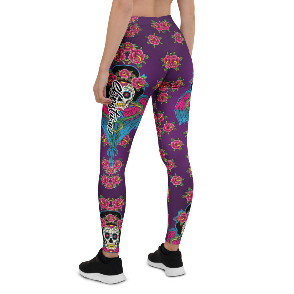 Personalisierte Damen Sportleggings Lila Tattoo Design Rosen und Flügel Fitness Yoga Leggings Z524