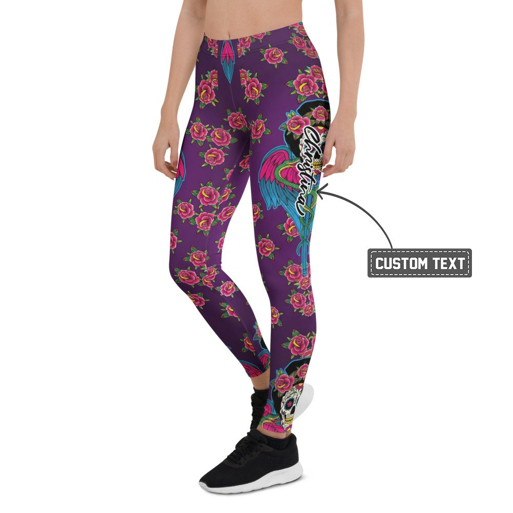 Personalisierte Damen Sportleggings Lila Tattoo Design Rosen und Flügel Fitness Yoga Leggings Z524 - XL
