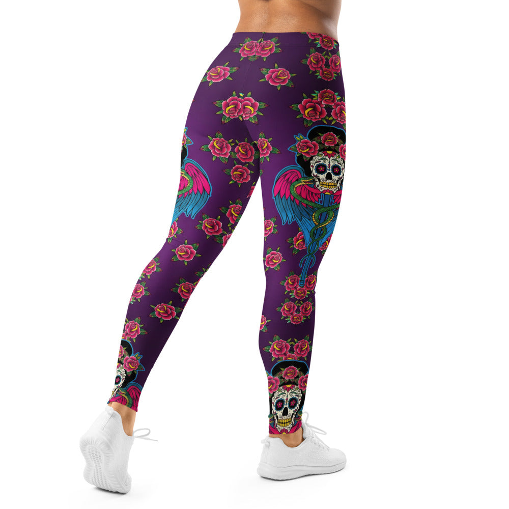Personalisierte Damen Sportleggings Lila Tattoo Design Rosen und Flügel Fitness Yoga Leggings Z524