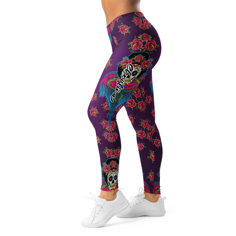Personalisierte Damen Sportleggings Lila Tattoo Design Rosen und Flügel Fitness Yoga Leggings Z524