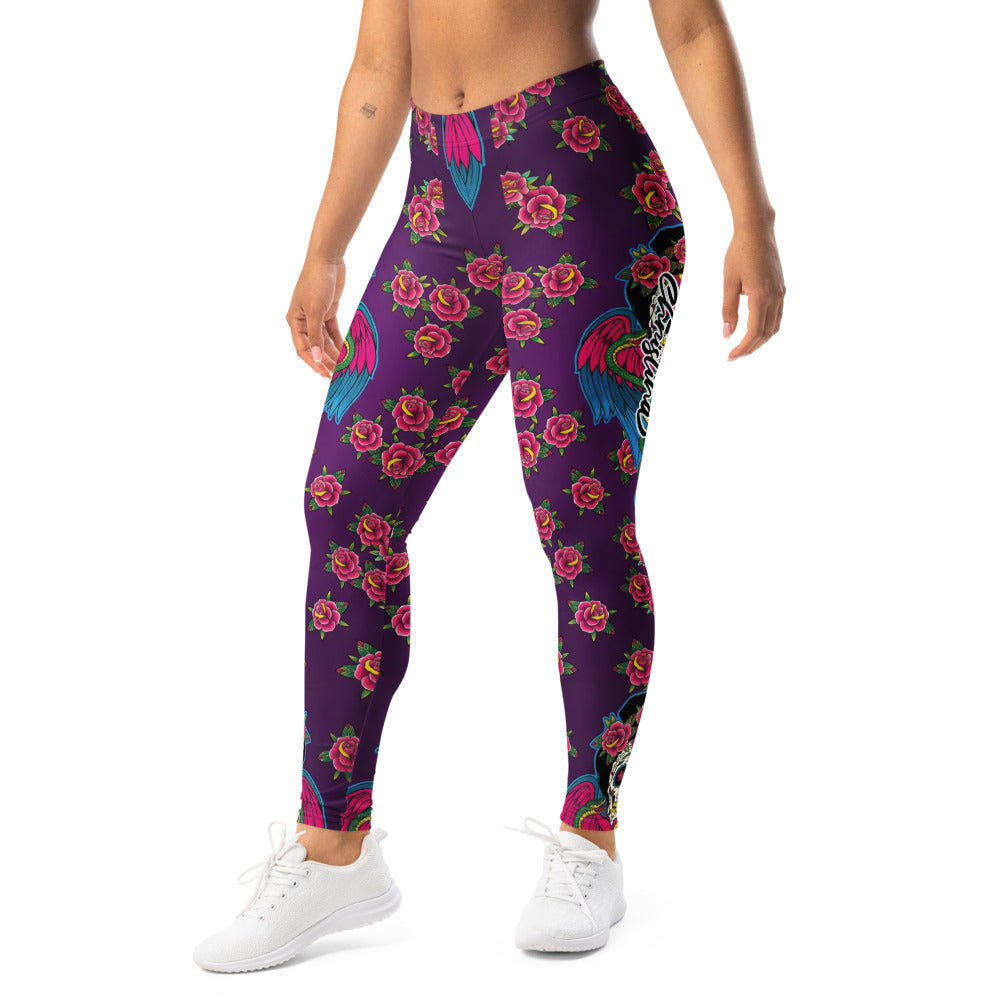 Personalisierte Damen Sportleggings Lila Tattoo Design Rosen und Flügel Fitness Yoga Leggings Z524