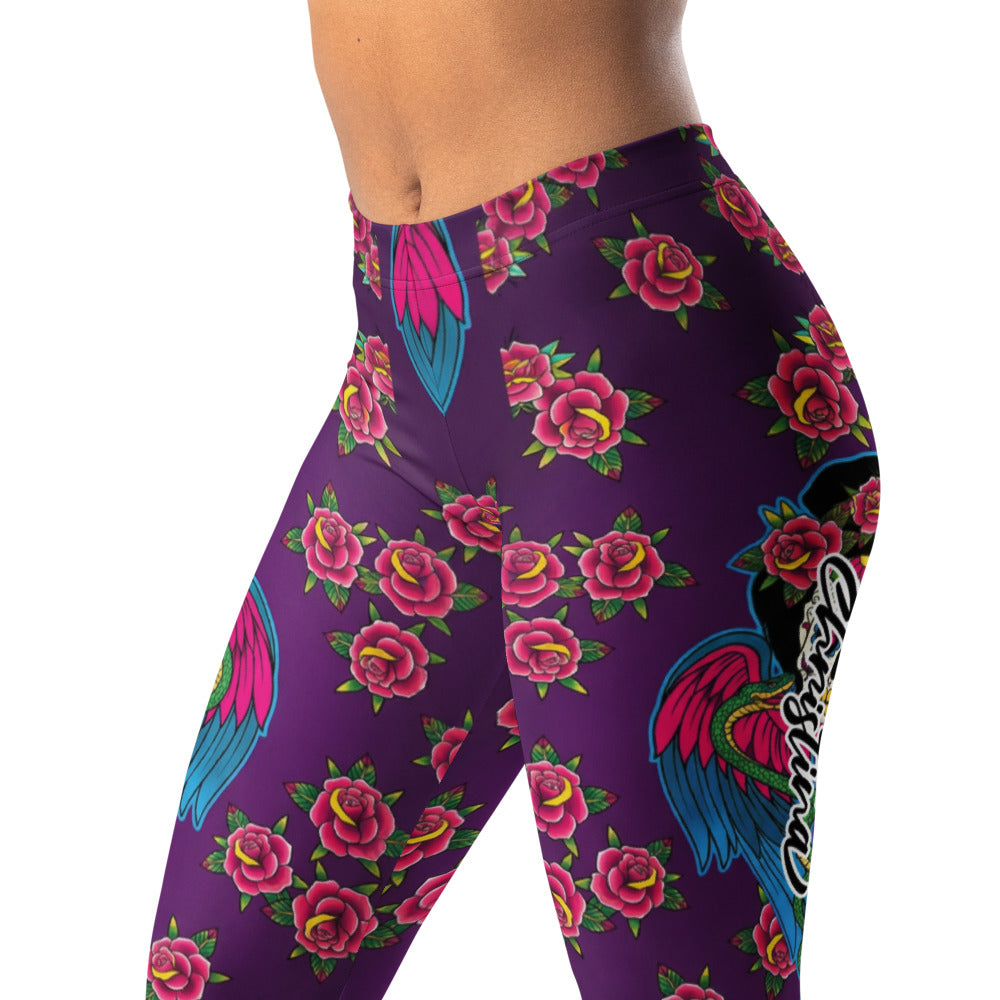 Personalisierte Damen Sportleggings Lila Tattoo Design Rosen und Flügel Fitness Yoga Leggings Z524