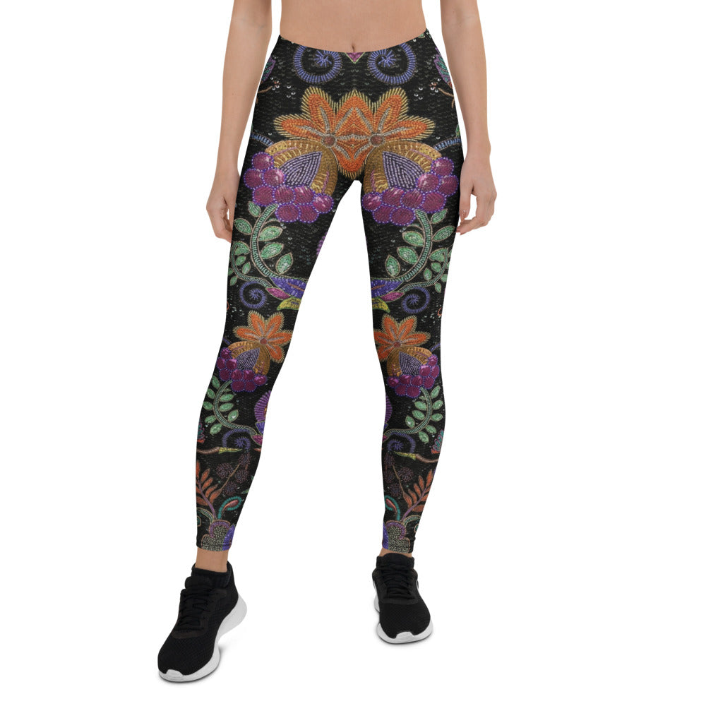 Personalisierte Damen Sportleggings Blumenmuster Ethno-Design Schwarz Bunt Fitness Yoga Leggings I403