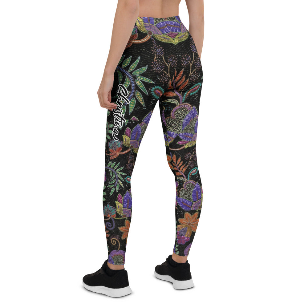 Personalisierte Damen Sportleggings Blumenmuster Ethno-Design Schwarz Bunt Fitness Yoga Leggings I403