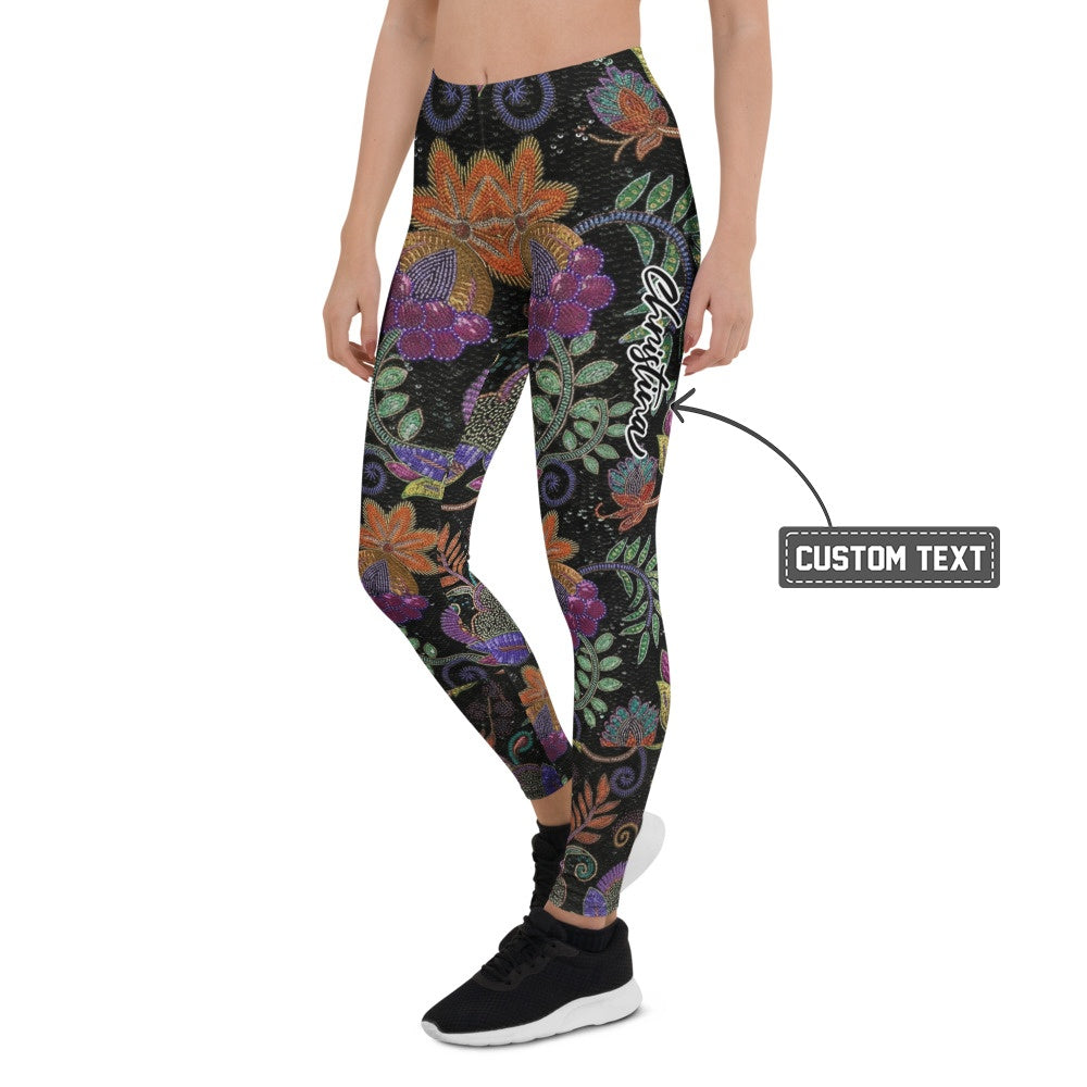 Personalisierte Damen Sportleggings Blumenmuster Ethno-Design Schwarz Bunt Fitness Yoga Leggings I403 - XL