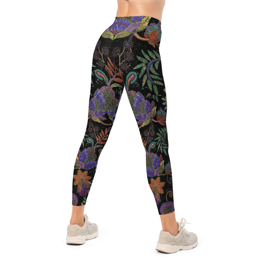Personalisierte Damen Sportleggings Blumenmuster Ethno-Design Schwarz Bunt Fitness Yoga Leggings I403