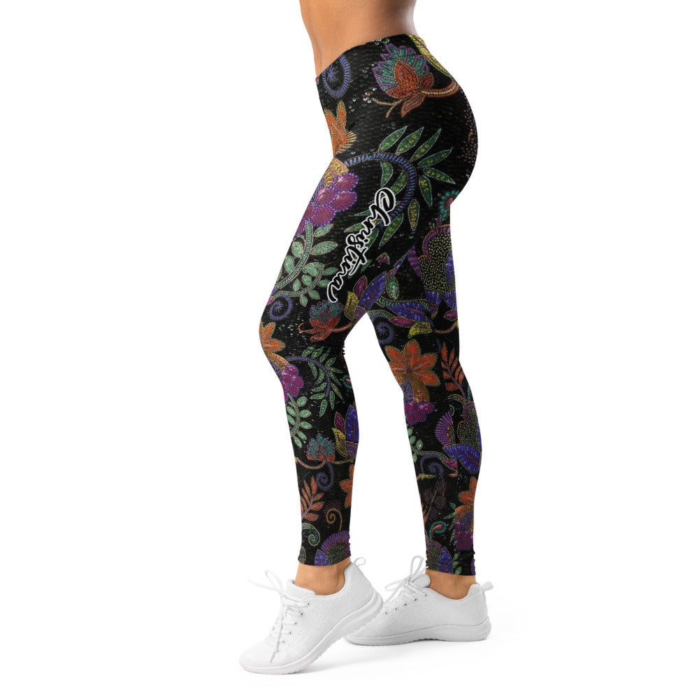 Personalisierte Damen Sportleggings Blumenmuster Ethno-Design Schwarz Bunt Fitness Yoga Leggings I403
