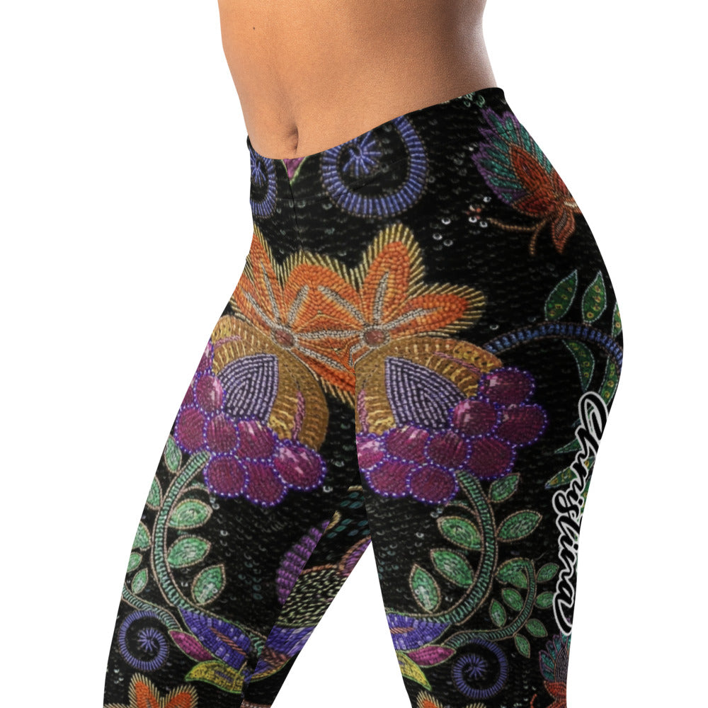 Personalisierte Damen Sportleggings Blumenmuster Ethno-Design Schwarz Bunt Fitness Yoga Leggings I403