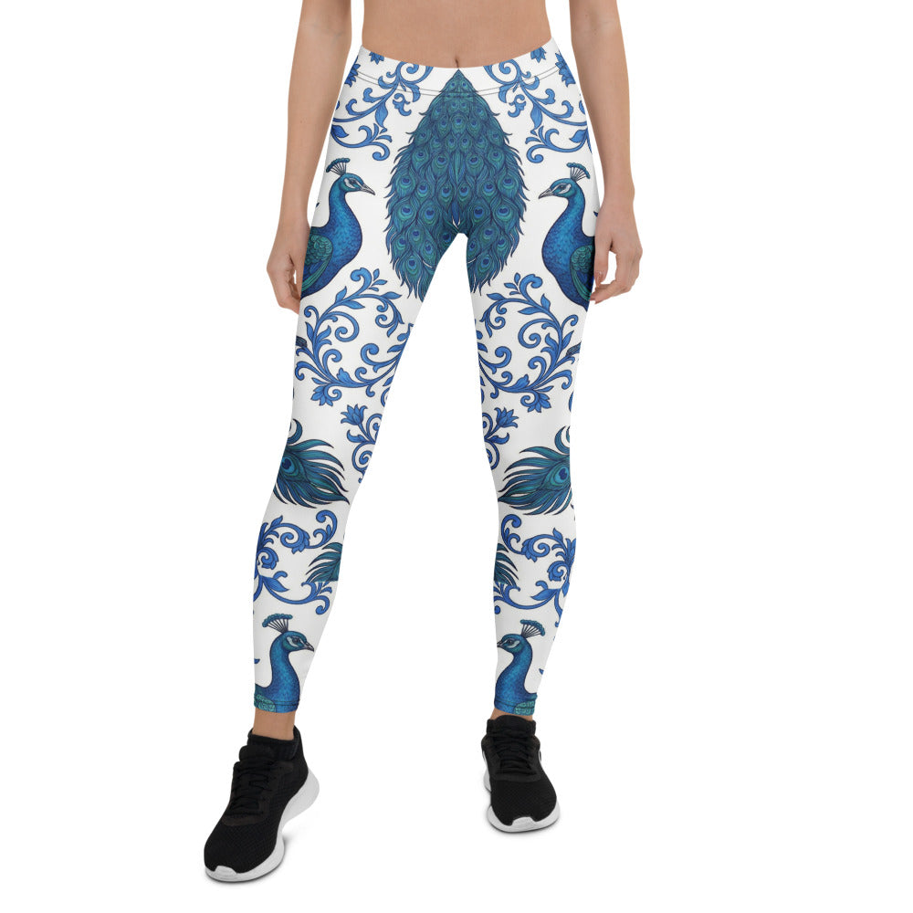 Personalisierte Damen Sportleggings Pfau Design Blau Weiß Ornamente Yoga Fitness Leggings Q046
