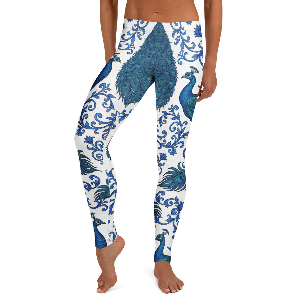 Personalisierte Damen Sportleggings Pfau Design Blau Weiß Ornamente Yoga Fitness Leggings Q046