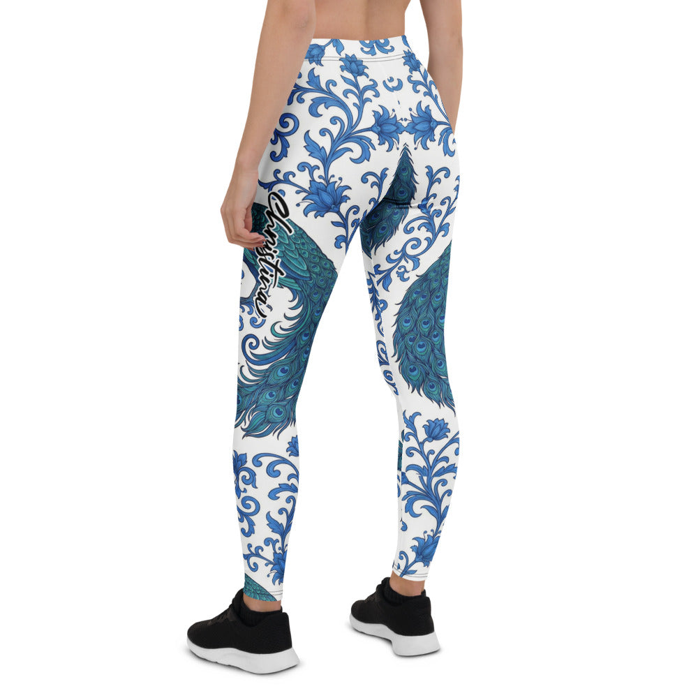 Personalisierte Damen Sportleggings Pfau Design Blau Weiß Ornamente Yoga Fitness Leggings Q046