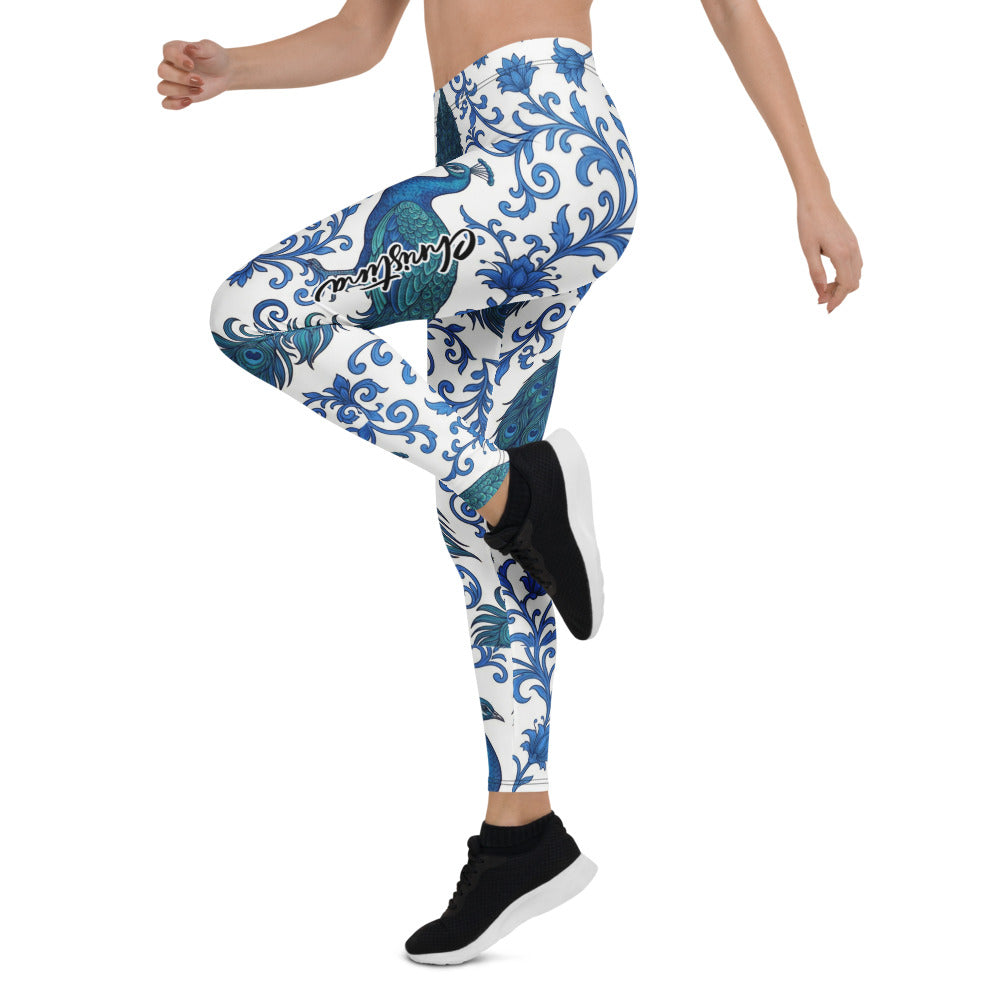 Personalisierte Damen Sportleggings Pfau Design Blau Weiß Ornamente Yoga Fitness Leggings Q046