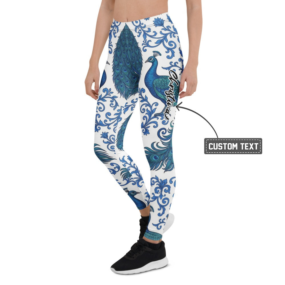 Personalisierte Damen Sportleggings Pfau Design Blau Weiß Ornamente Yoga Fitness Leggings Q046 - XL