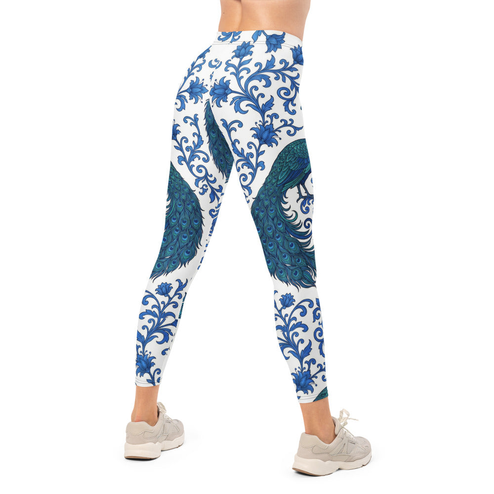 Personalisierte Damen Sportleggings Pfau Design Blau Weiß Ornamente Yoga Fitness Leggings Q046