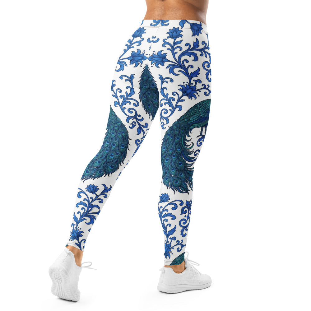 Personalisierte Damen Sportleggings Pfau Design Blau Weiß Ornamente Yoga Fitness Leggings Q046