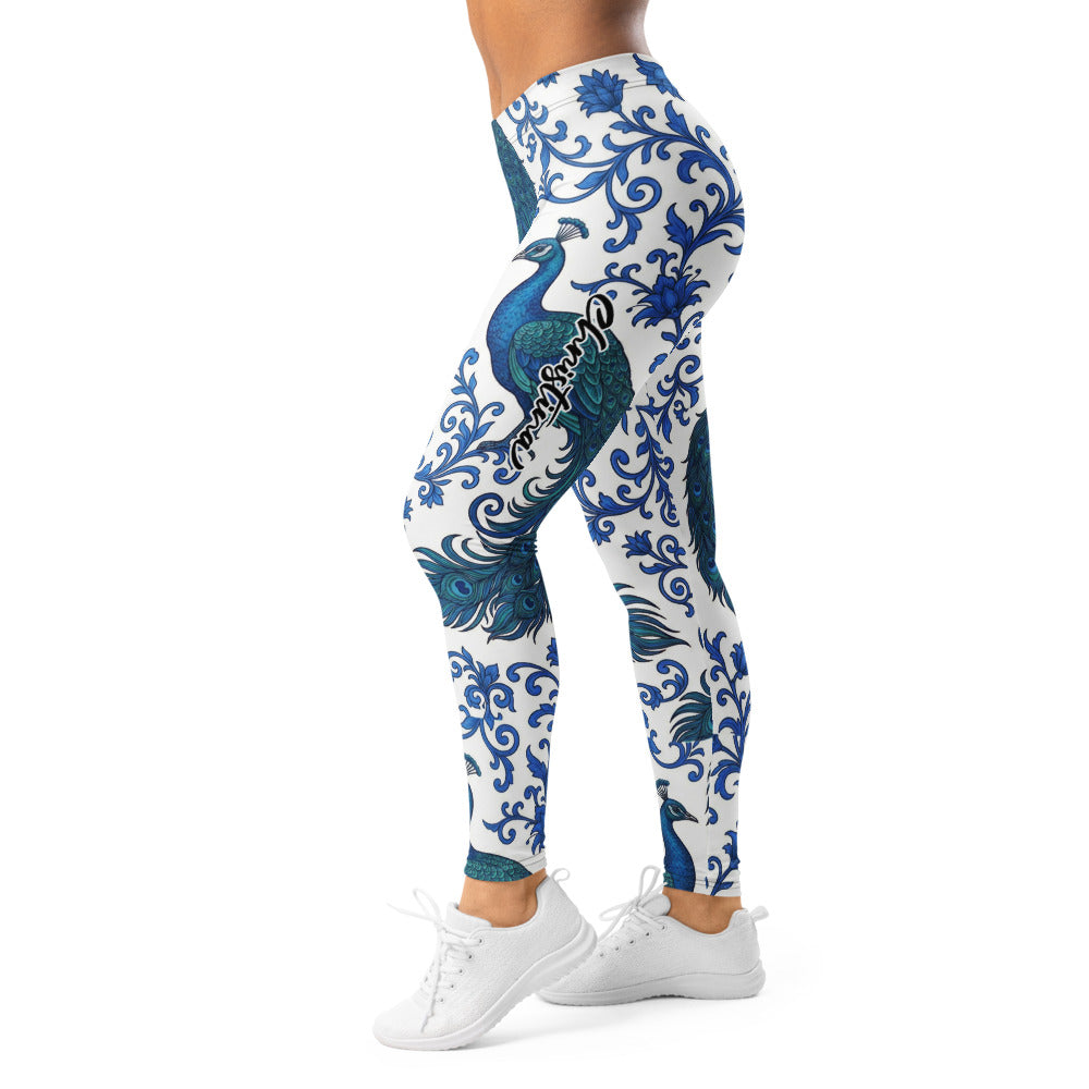 Personalisierte Damen Sportleggings Pfau Design Blau Weiß Ornamente Yoga Fitness Leggings Q046