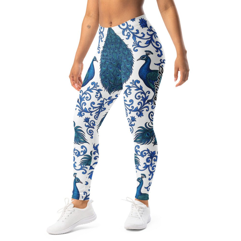 Personalisierte Damen Sportleggings Pfau Design Blau Weiß Ornamente Yoga Fitness Leggings Q046