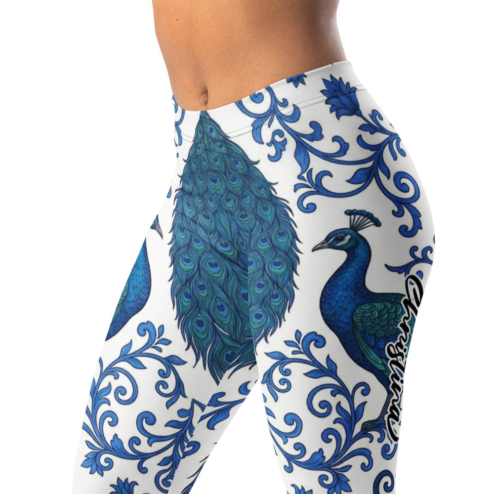 Personalisierte Damen Sportleggings Pfau Design Blau Weiß Ornamente Yoga Fitness Leggings Q046