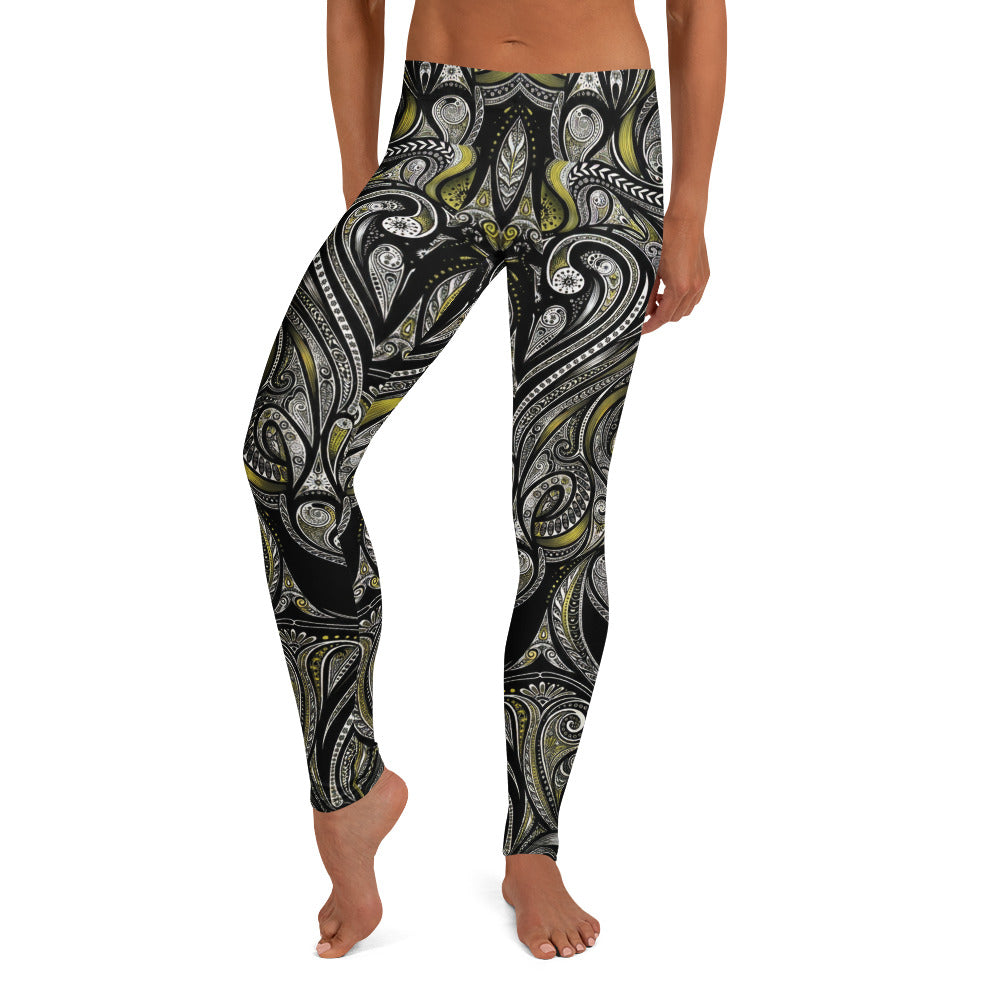 Personalisierte Damen Sportleggings Ornament Muster Schwarz Gelb Fitness Yoga Leggings I944